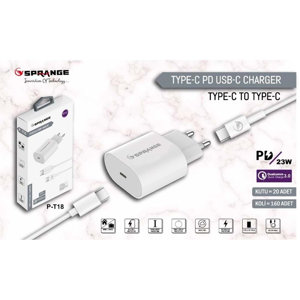 Sprange P-T18 Hızlı Şarj 23W 5V3A Type-C USB-C Şarj Aleti