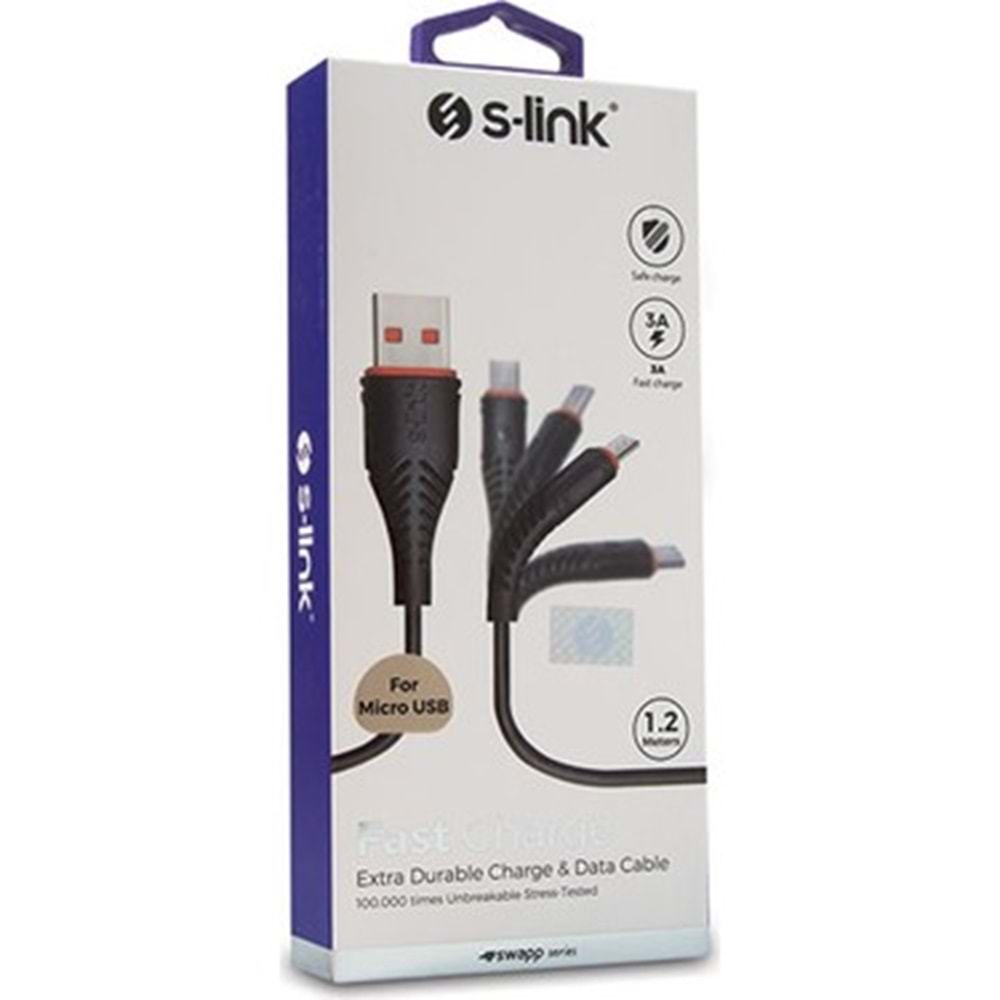 S-Link SW-C595 1,2M 3A Micro Usb Siyah Şarj Kablosu