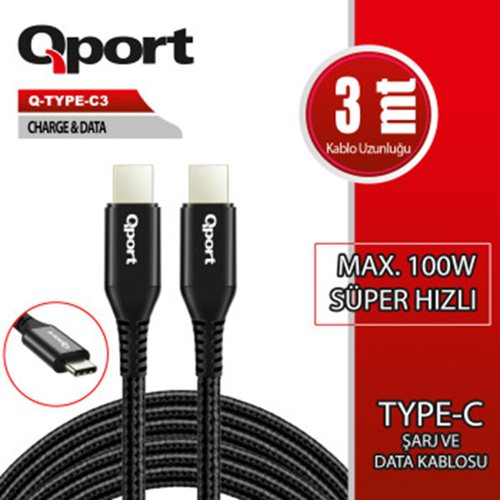 QPORT Q-TYPE-C3 3 METRE TYPE-C 100W PD ŞARJ VE DATA KABLOSU