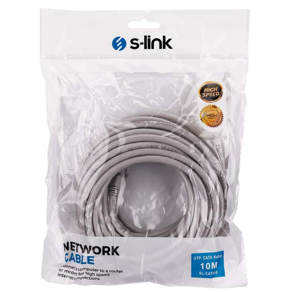 S-Link SL-CAT610 10M CAT6 Gri İnternet Patch Kablo