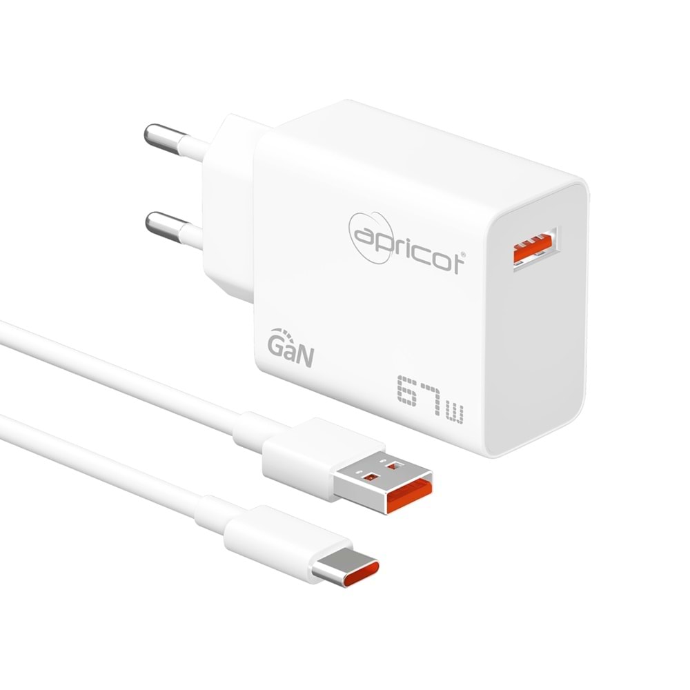 Apricot APC-U467 67W GAN 1xUSB Şarj Adaptörü + USB+TypeC Kablo