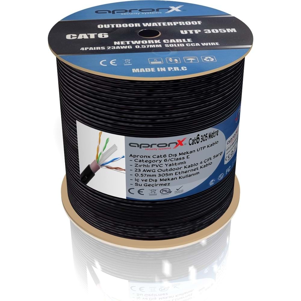 Apronx 23AWG 0.57MM 305M UTP Siyah Outdoor Dış Mekan CAT6 Patch İnternet Kablosu