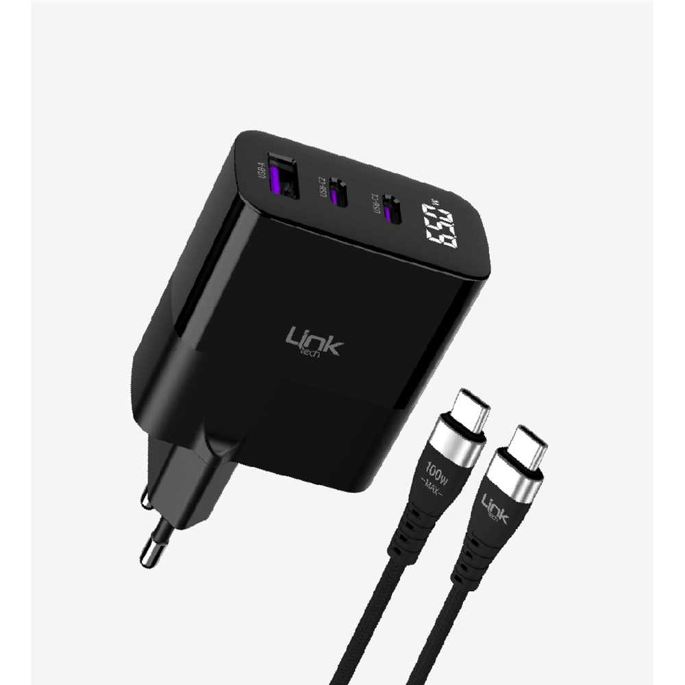 Linktech LNG-G853 65W 1xUSB-A 2xTYPE-C SafeGaN3 PD3.0 QC4.0 5V 3A Şarj Adaptörü + 100W TYPE-C to TYPE-C Şarj Ve Data Kablosu
