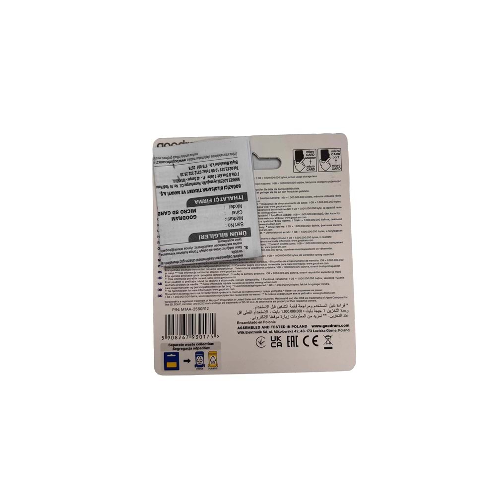 Goodram 256GB CLASS10 UHS-I U1 Micro SD Hafıza Kartı (MSD-M1AA-2560R12-256GB)
