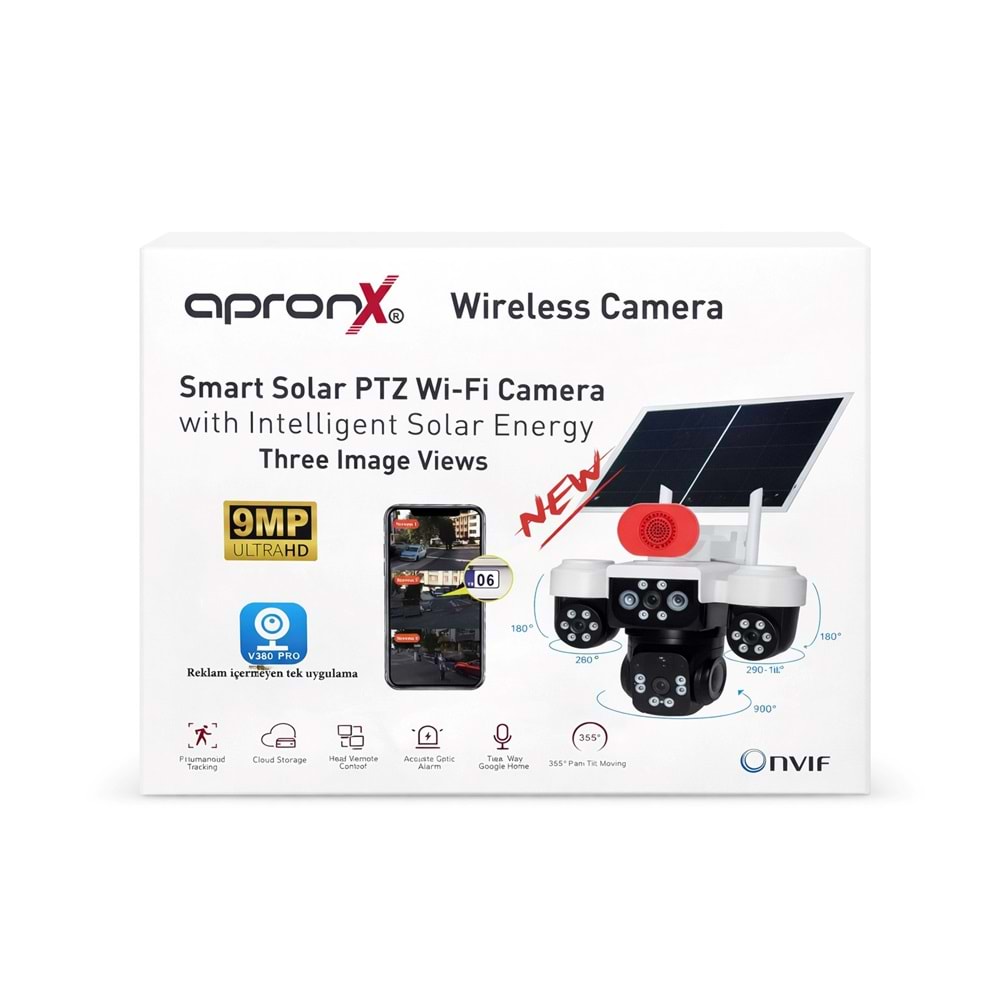 Apronx APX-WP296 9MP (3+3+3MP) 3.6MM Wi-Fi Solar Güneş Enerjili Üç Kameralı Full Color Güvenlik Kamerası