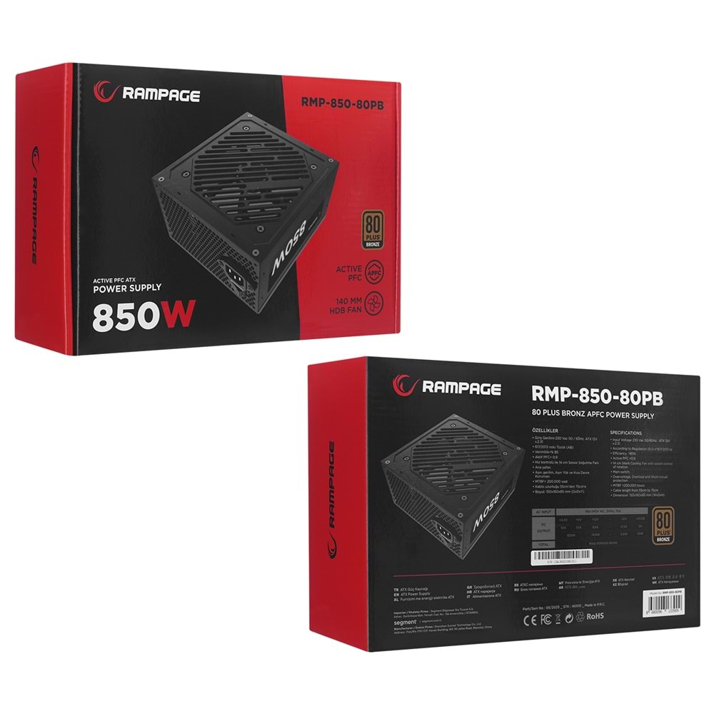 Rampage RMP-850-80PB 850W 80+BRONZE APFC 14CM Siyah Power Supply