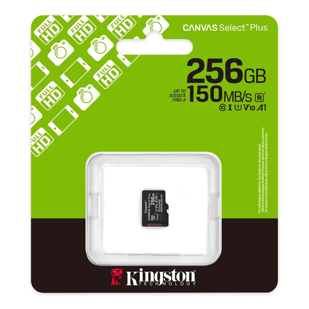 Kingston Canvas Select Plus 256GB CLASS10 U1 V10 A1 150MB/S MicroSD Hafıza Kartı (SDCS3/256GB)