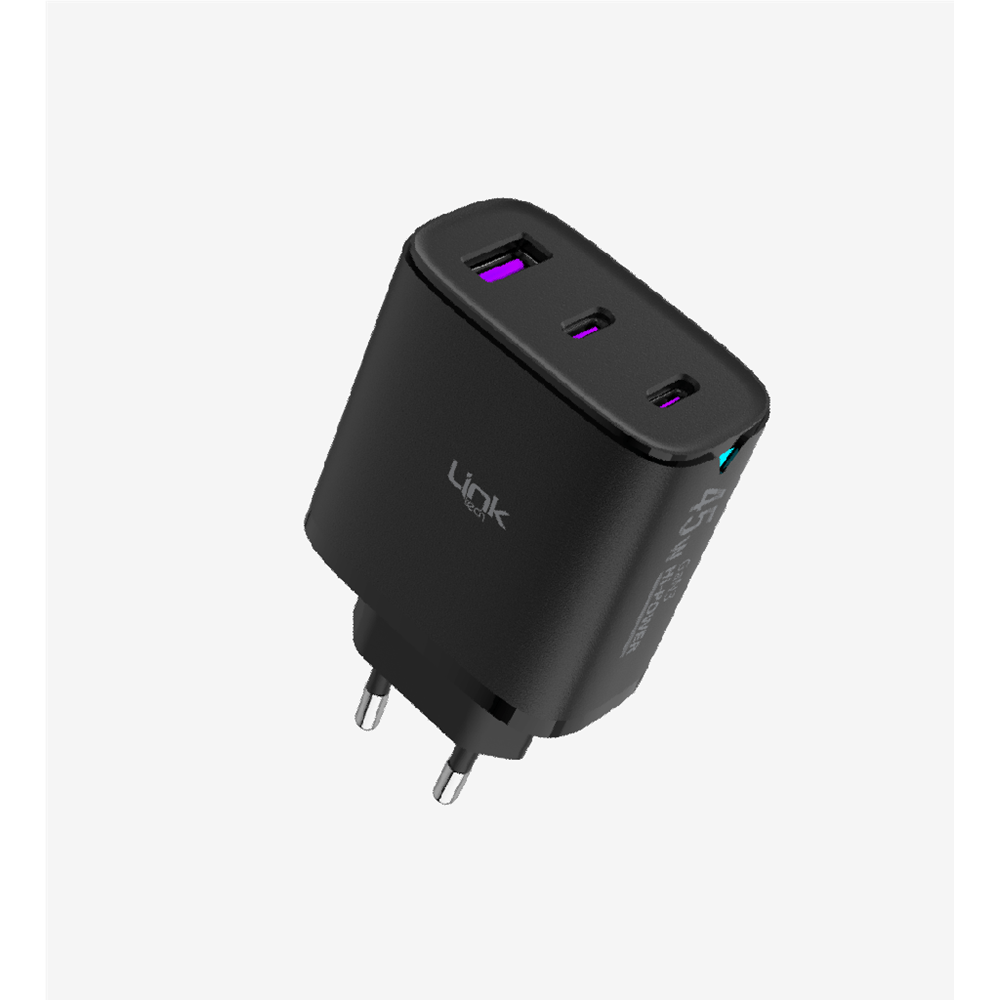 Linktech LSC-C317 45W 5V 3A 2xTYPE-C 1xUSB-A QC4.0+ PD3.0 GaN3 Siyah Telefon Şarj Adaptörü