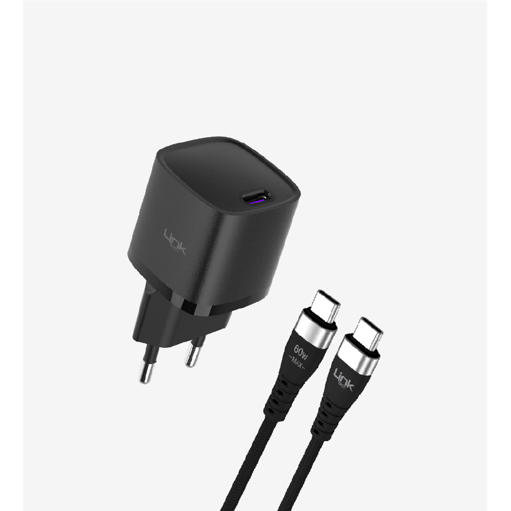 Linktech LNG-G844 25W 5V 3A 1xTYPE-C QC4.0 PD3.0 GaN3 Telefon Şarj Adaptörü + 60W TYPE-C to TYPE-C Hızlı Şarj ve Data Kablosu