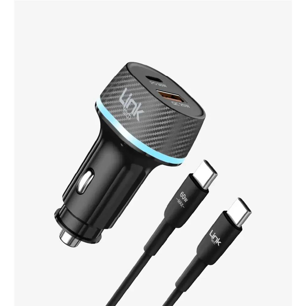 Linktech LCH-C434 55W 1xTYPE-C (30W) 1xTYPE-A (25W) PD3.0 QC3.0 Araç İçi Çakmaklık Şarj Aleti + 60W TYPE-C to TYPE-C Şarj ve Data Kablosu