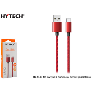 Hytech HY-X448 1M 3A Typce-C Kılıflı Metal Kırmızı Sarj Kablosu