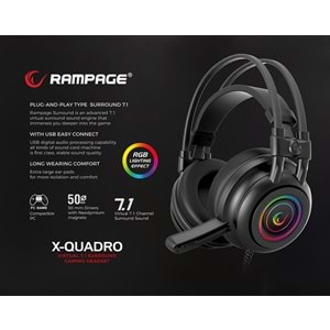 Rampage RM-K2 X-QUADRO Siyah USB 7,1 Surround RGB Ledli Gaming Mikrofonlu Kulaklık