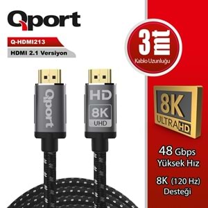 Qport Q-HDMI213 HDMI 2,1V 8K 3M Altın Uçlu Örgülü Görüntü Kablosu