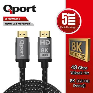Qport Q-HDMI215 HDMI 2,1V 8K 5M Altın Uçlu Örgülü Görüntü Kablosu