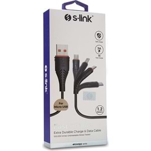 S-Link SW-C595 1,2M 3A Micro Usb Siyah Şarj Kablosu