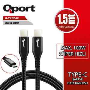 QPORT Q-TYPE-C1 1.5 METRE TYPE-C 100W PD ŞARJ VE DATA KABLOSU