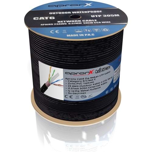 Apronx 23AWG 0.57MM 305M UTP Siyah Outdoor Dış Mekan CAT6 Patch İnternet Kablosu
