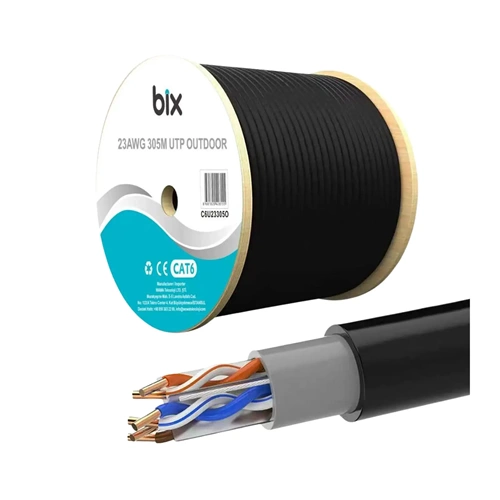 Bix C6U23305O-1 305M 0.57MM 23AWG Outdoor Siyah Dış Mekan UTP CAT6 Patch Kablo