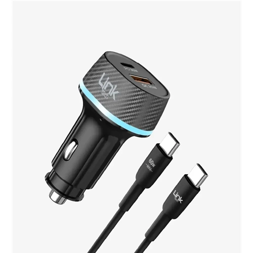 Linktech LCH-C434 55W 1xTYPE-C (30W) 1xTYPE-A (25W) PD3.0 QC3.0 Araç İçi Çakmaklık Şarj Aleti + 60W TYPE-C to TYPE-C Şarj ve Data Kablosu