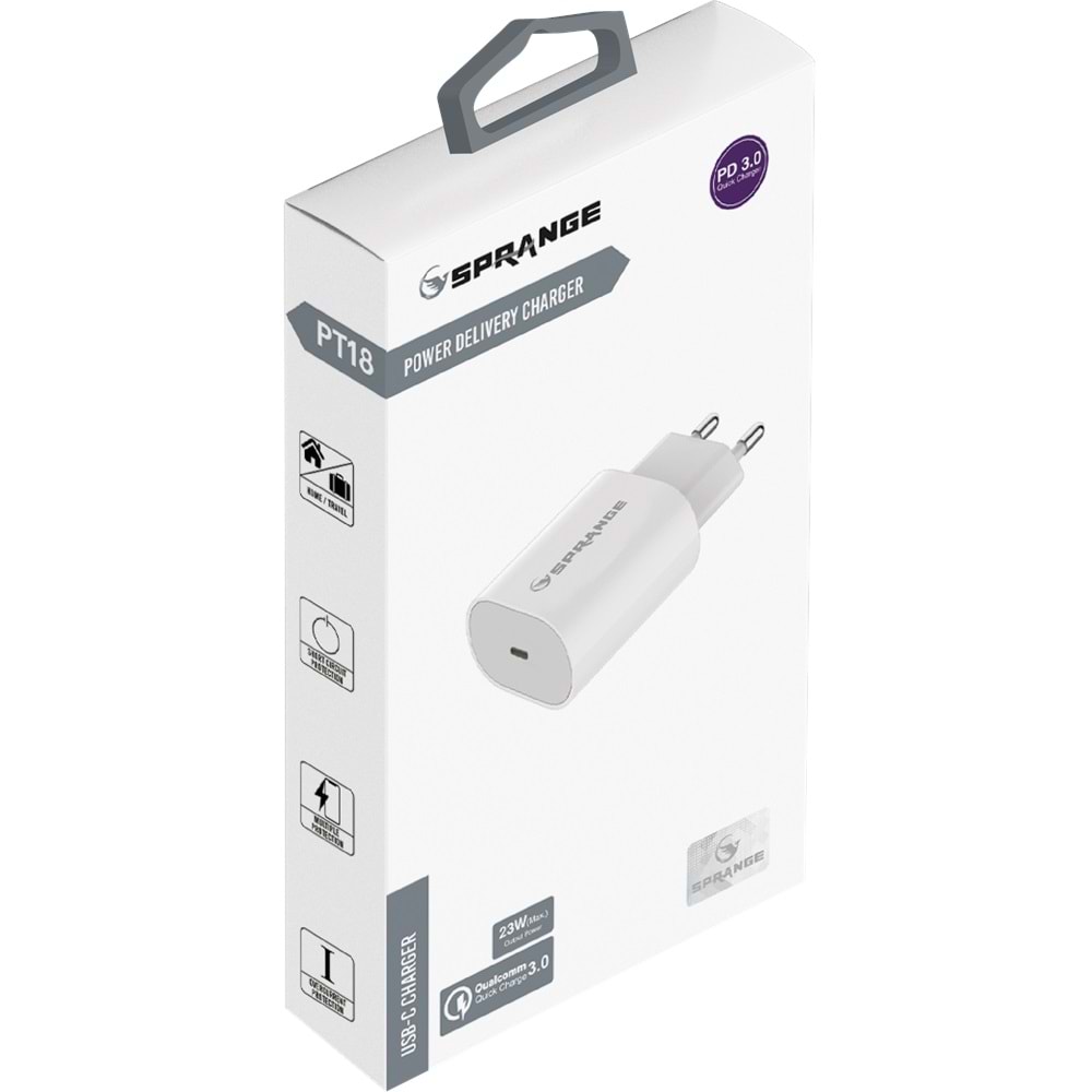 Sprange PTC18 Quick Charge 3,0 18W -27W Max Usb-A / Usb-C Şarj Adaptörü