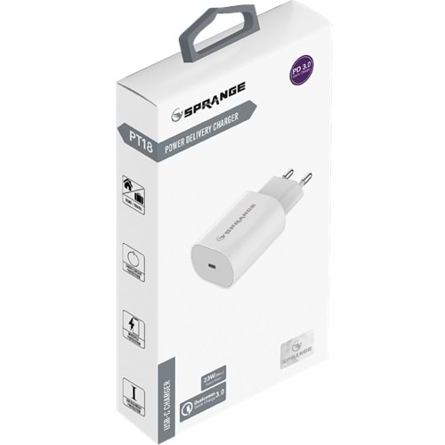 Sprange PTC18 Quick Charge 3,0 18W -27W Max Usb-A / Usb-C Şarj Adaptörü