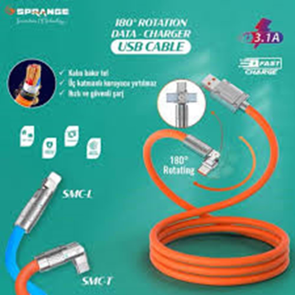 Sprange SMC-T Type-C to Type-A Dönebilen Şarj Ve Data Kablosu