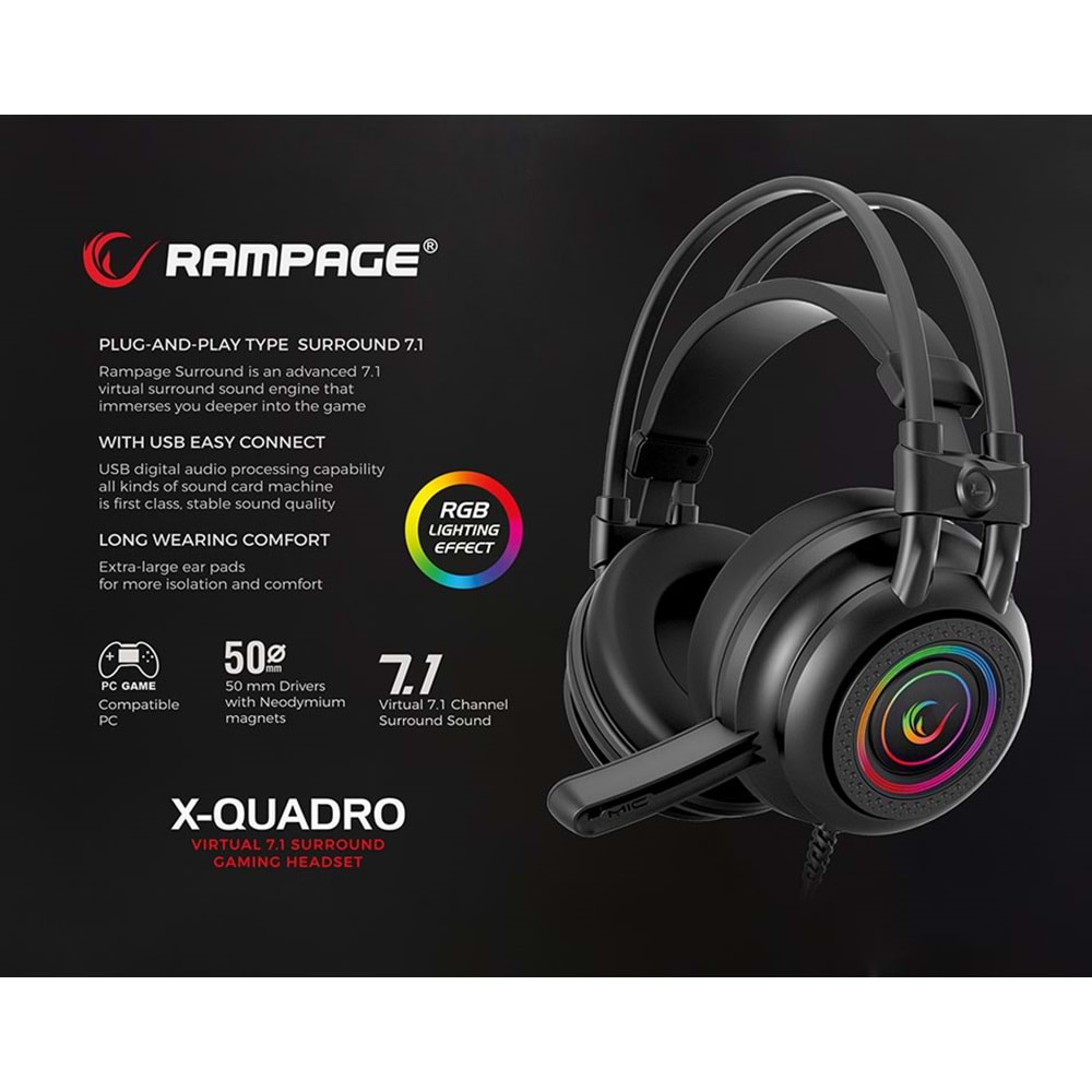 Rampage RM-K2 X-QUADRO Siyah USB 7,1 Surround RGB Ledli Gaming Mikrofonlu Kulaklık
