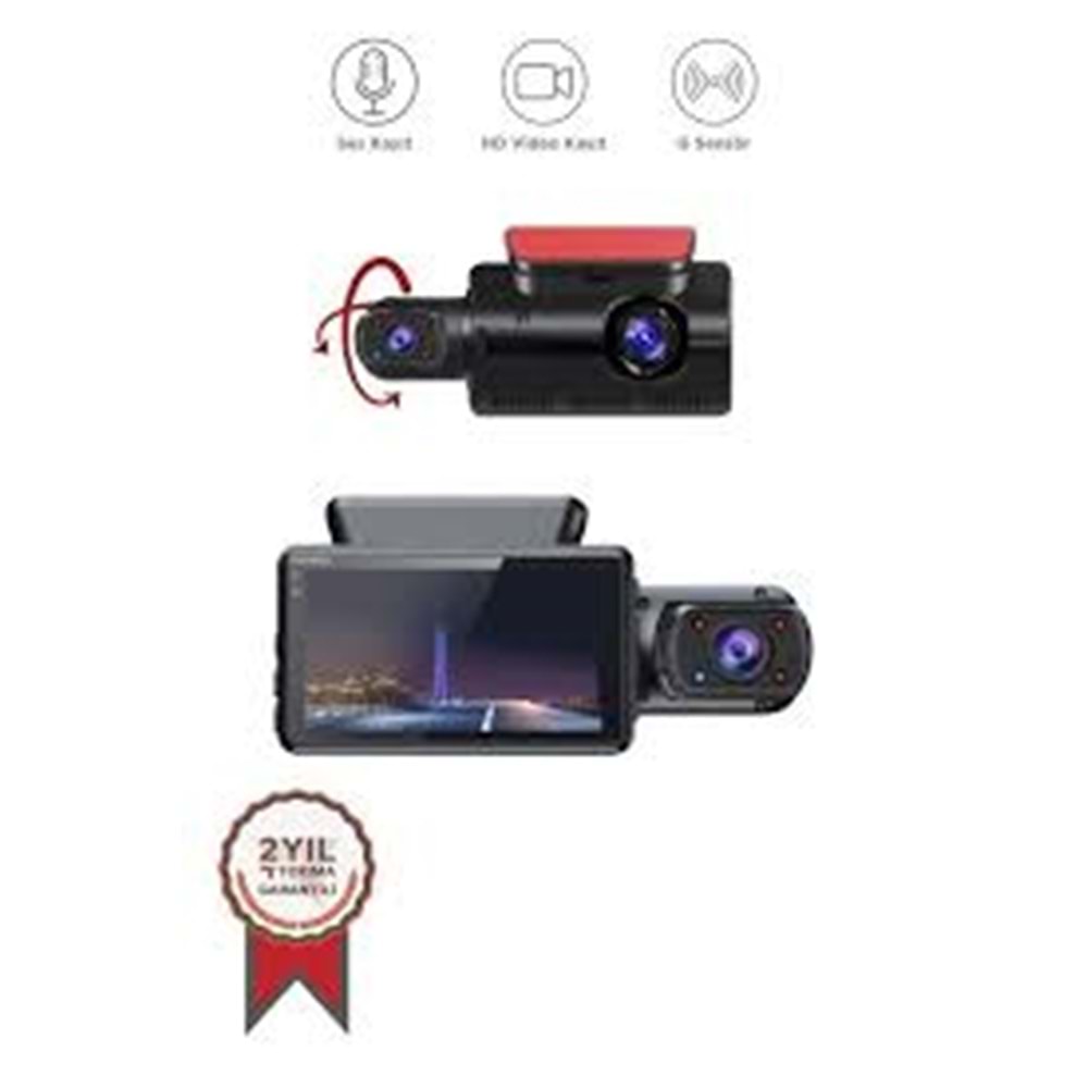 Securitech Siyah 1296p Araç içi 3 Kameralı Lcd Ekranlı Gece Görüşlü G-sensörlü Yol Kayıt Araç Kamerası