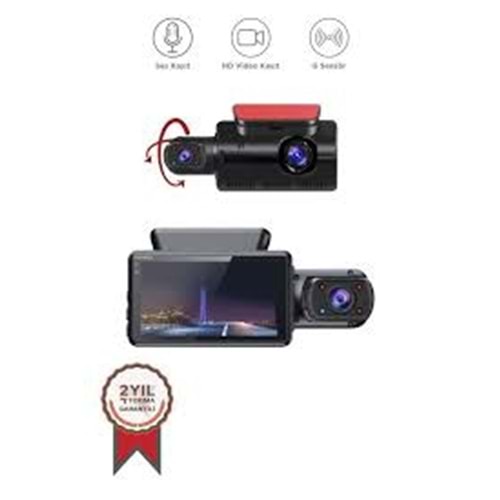 Securitech Siyah 1296p Araç içi 3 Kameralı Lcd Ekranlı Gece Görüşlü G-sensörlü Yol Kayıt Araç Kamerası