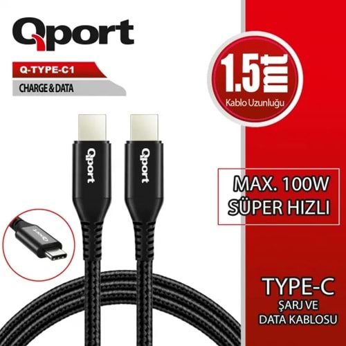 QPORT Q-TYPE-C1 1.5 METRE TYPE-C 100W PD ŞARJ VE DATA KABLOSU