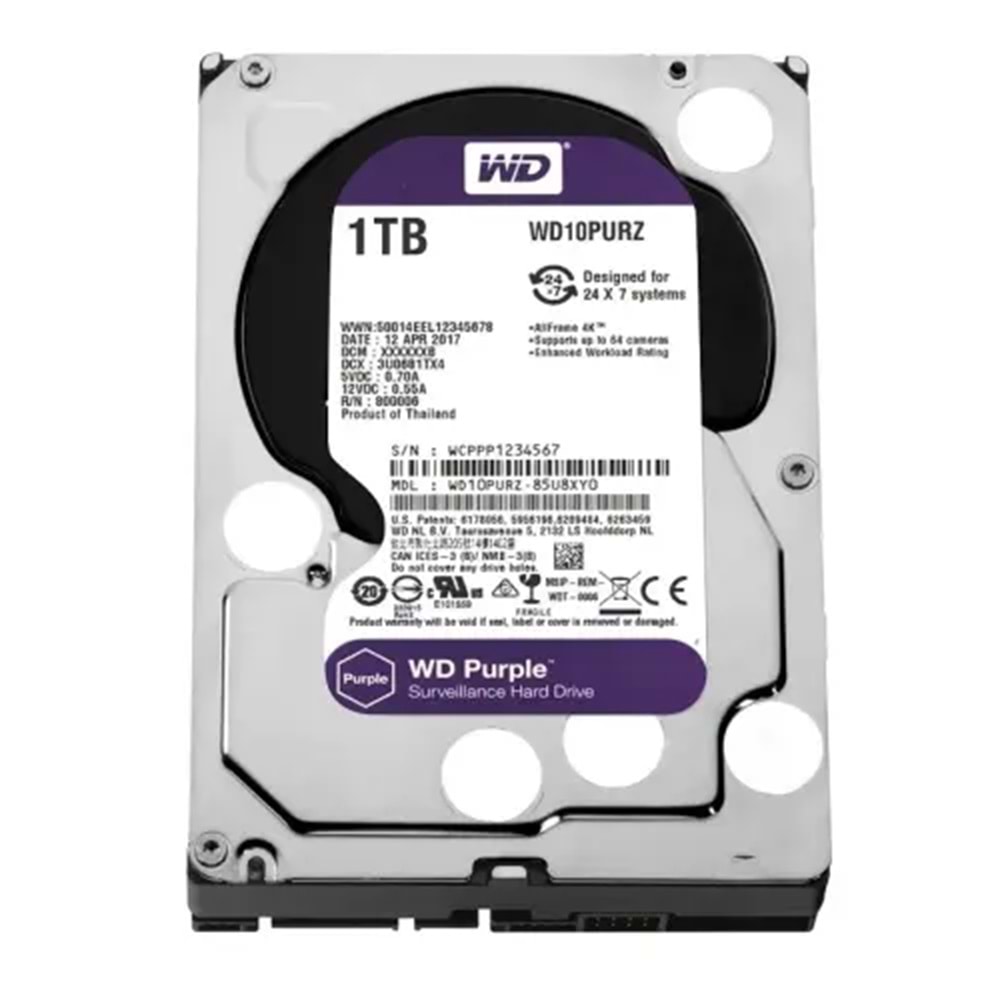 Western Digital 1TB 5400RPM 64MB SATA3 7/24 SATA3.0 Güvenlik Harddisk (WD10PURZ)