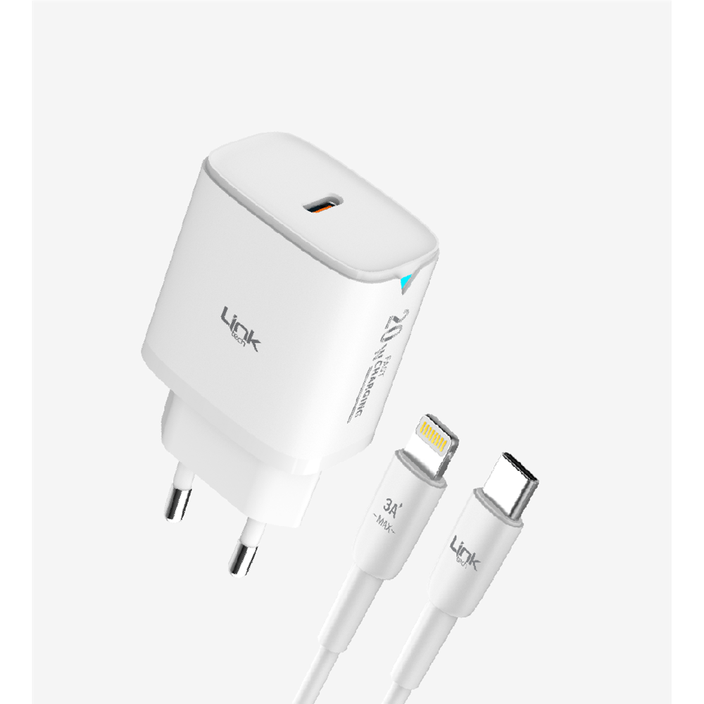 Linktech LSC-C308 20W 5V 3A 1xTYPE-C QC4.0 PD3.0 Telefon Şarj Adaptörü + 20W TYPE-C to Lightning Şarj ve Data Kablosu