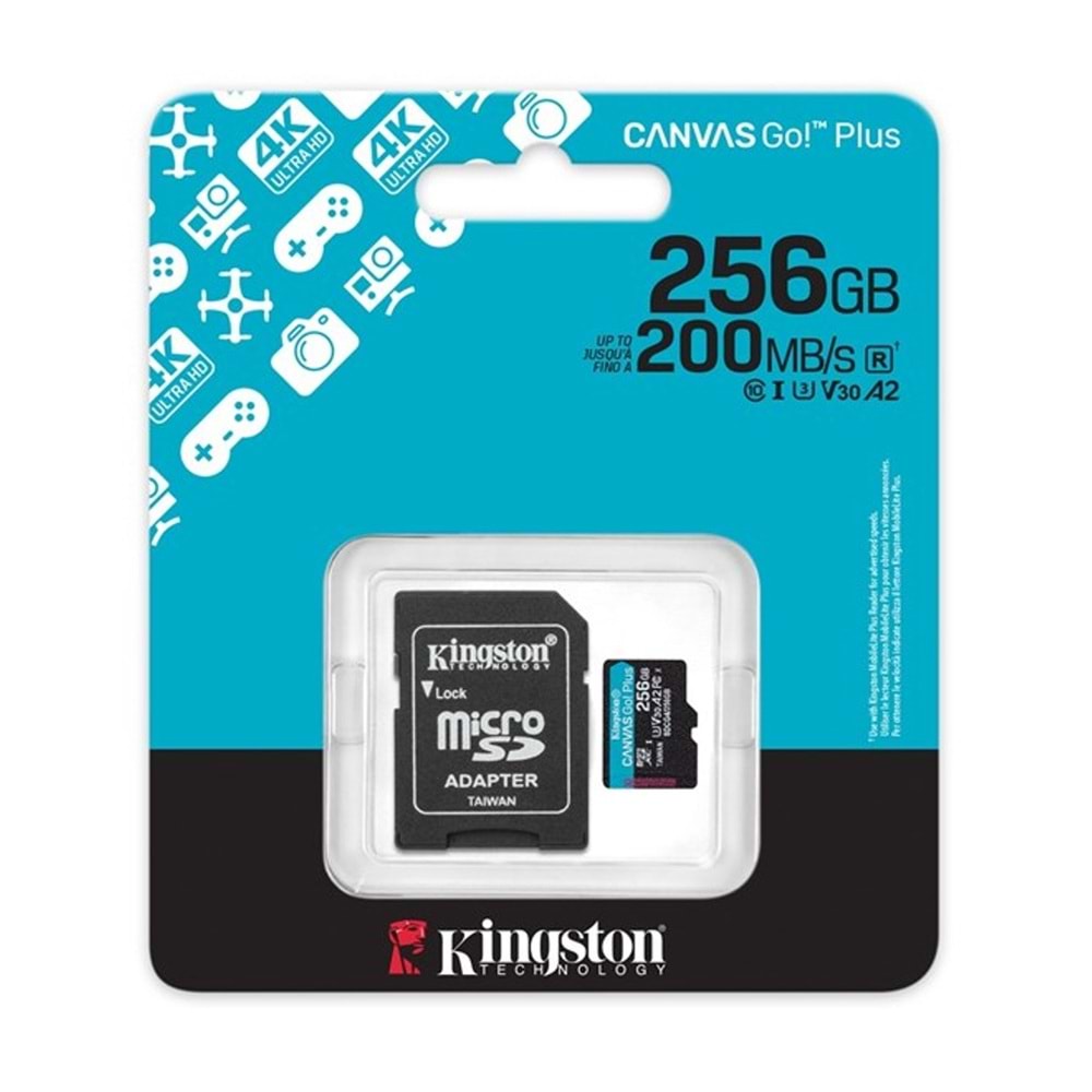 Kingston Canvas Go Plus 256GB CLASS10 U3 V30 A2 200MB/S Micro SD Hafıza Kartı (SDCG4/256GB)